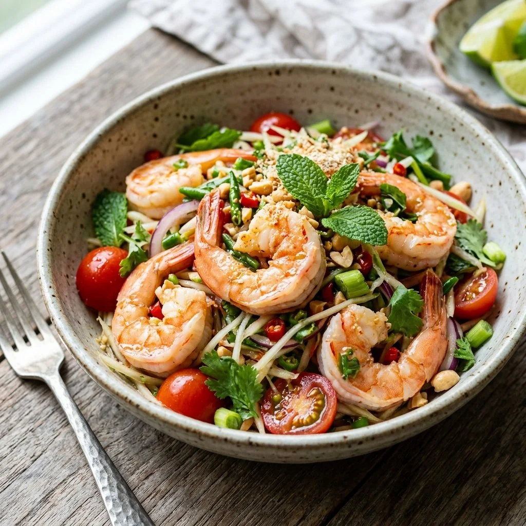 Colorful Thai Shrimp Salad with fresh herbs and vegetables