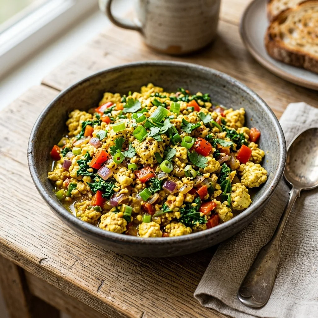 Delicious tofu scramble served with vegetables and herbs in a bowl