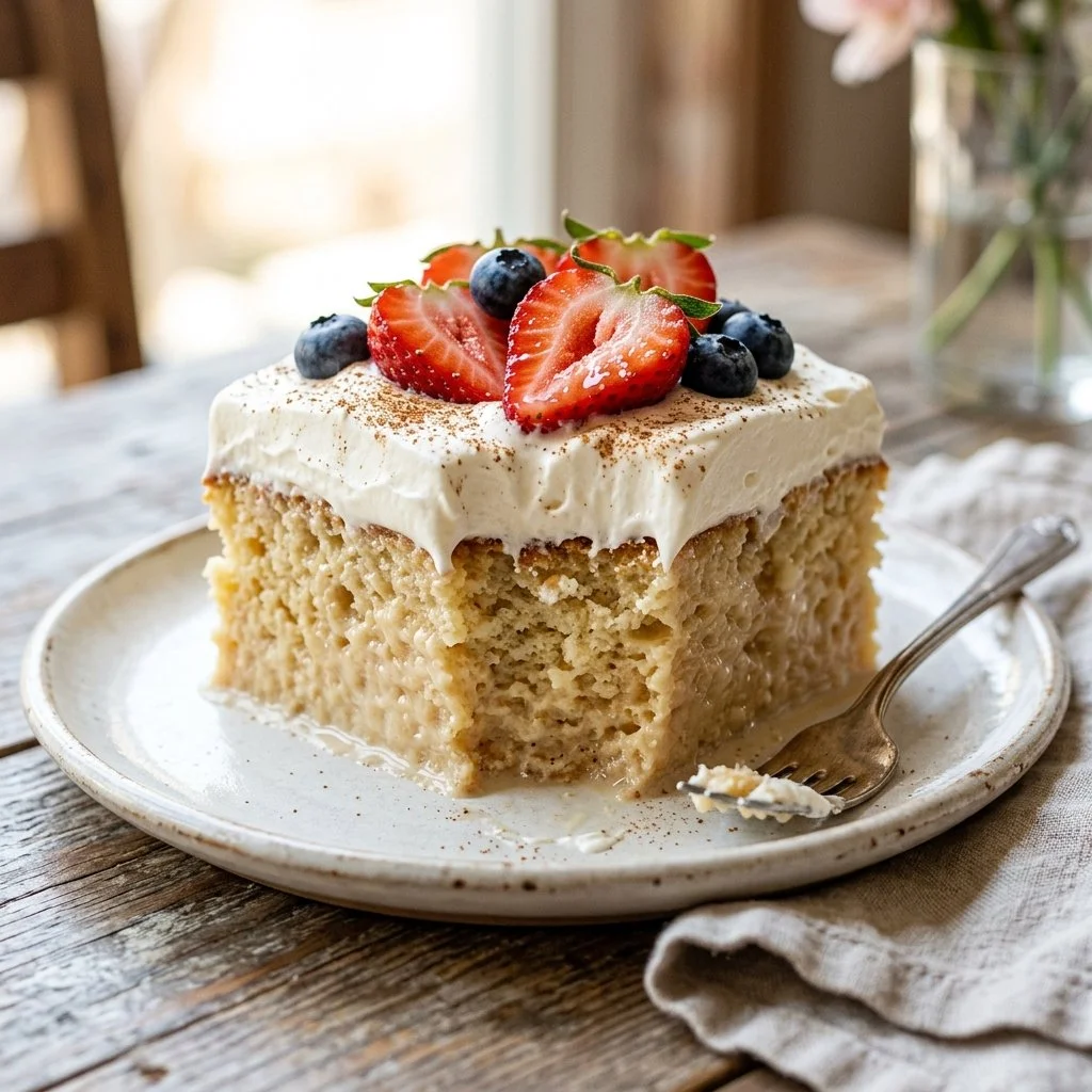 Delicious Tres Leches Cake topped with whipped cream and berries on a plate