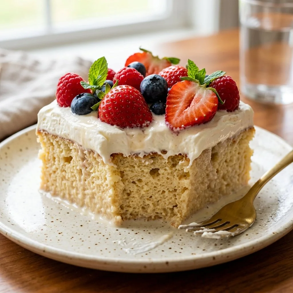 Delicious Tres Leches Cake topped with whipped cream and fruits