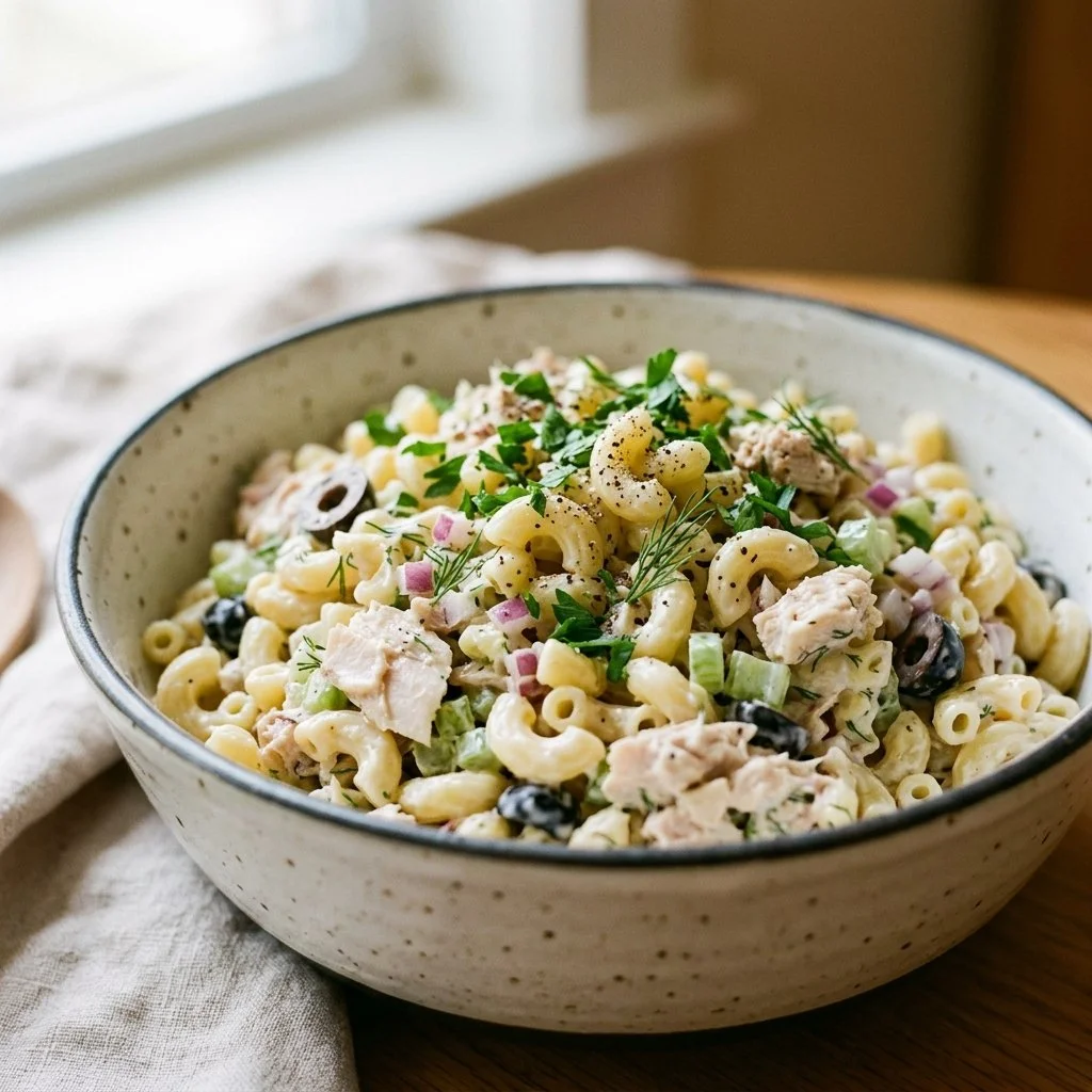 Bowl of delicious Tuna Macaroni Salad with vegetables