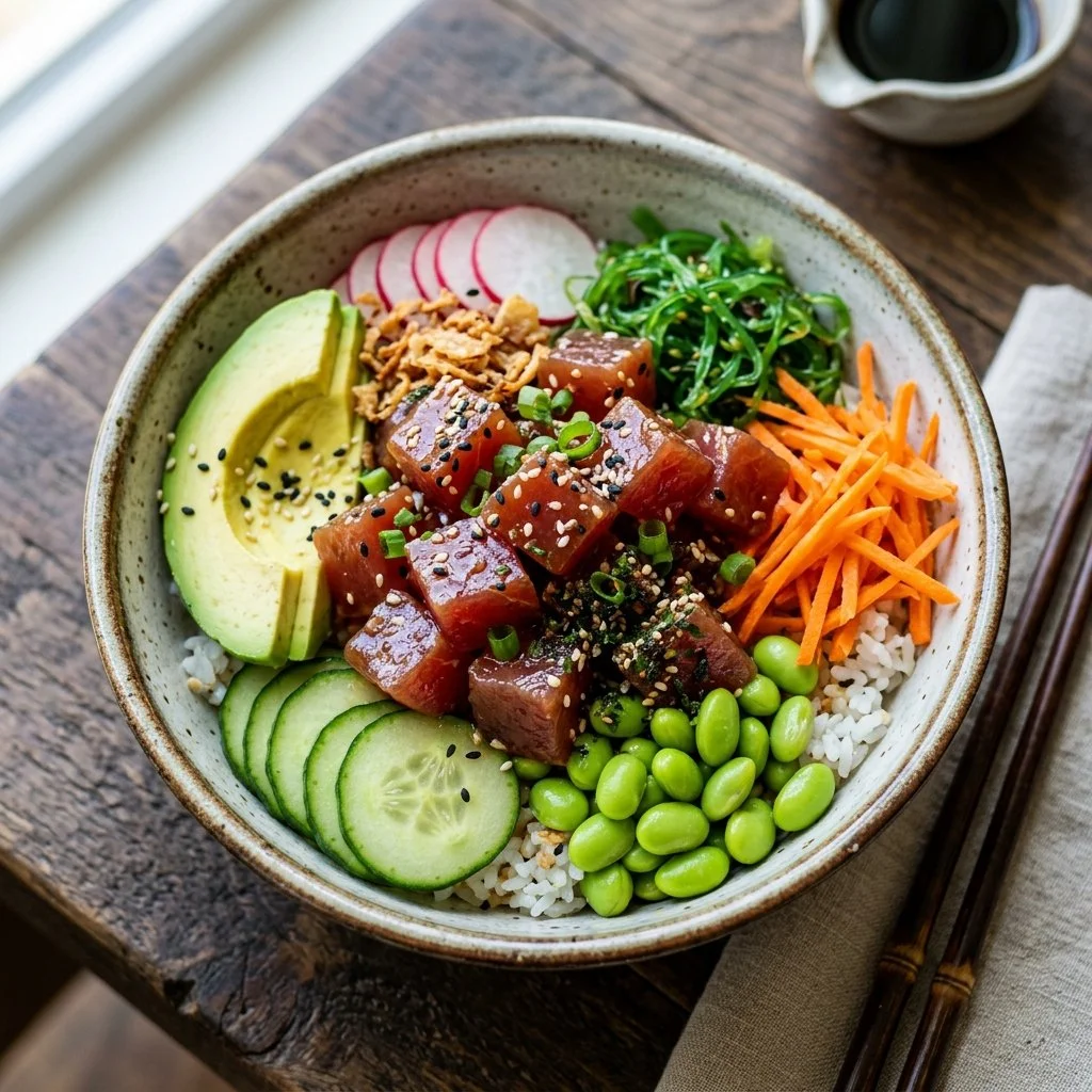 Delicious Tuna Poke Bowl with fresh ingredients and vibrant toppings