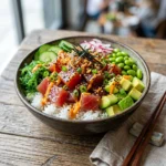 Fresh Tuna Poke Bowl with rice, avocado, and vegetables