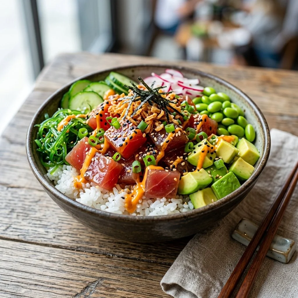 Fresh Tuna Poke Bowl with rice, avocado, and vegetables