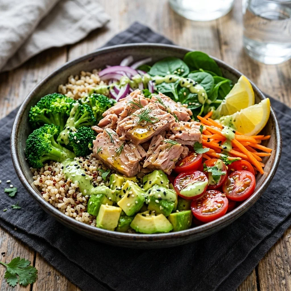 Healthy Tuna Power Bowls with fresh ingredients and vibrant toppings