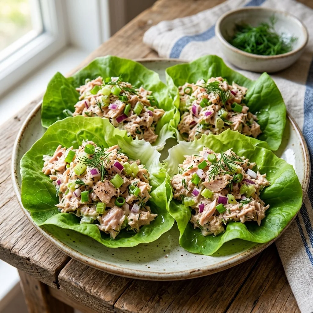 Healthy tuna salad lettuce wraps filled with fresh ingredients