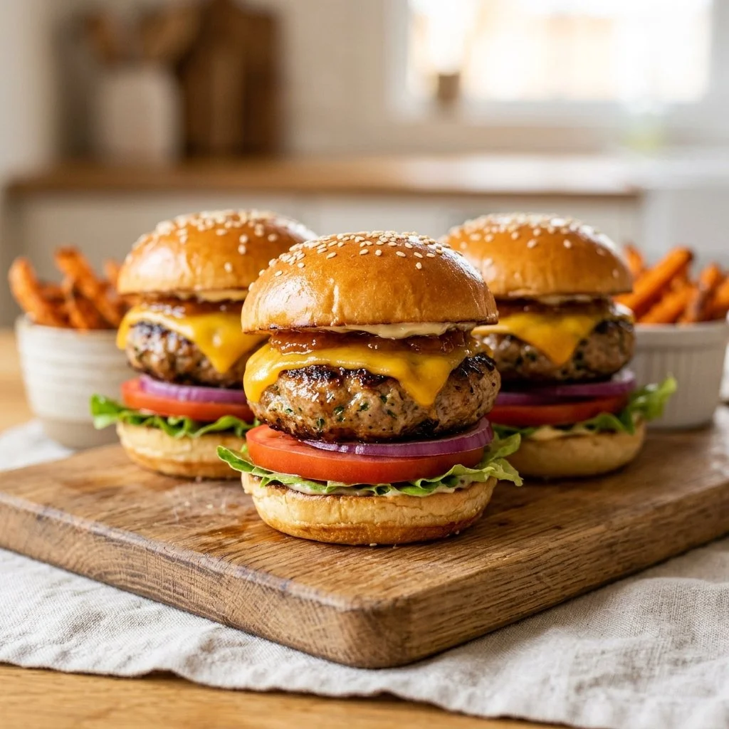 Turkey burger sliders served on a platter with toppings and sauces.
