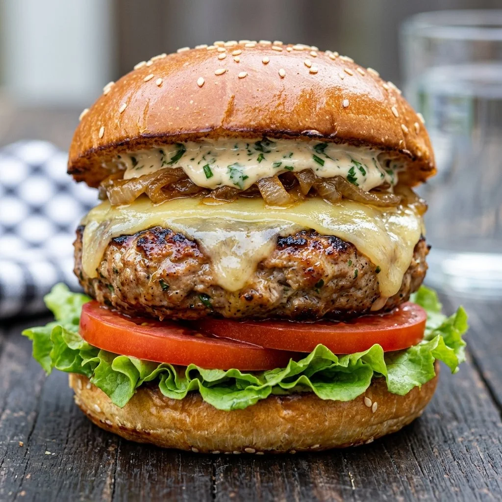 Juicy turkey burgers served on a plate with fresh toppings.