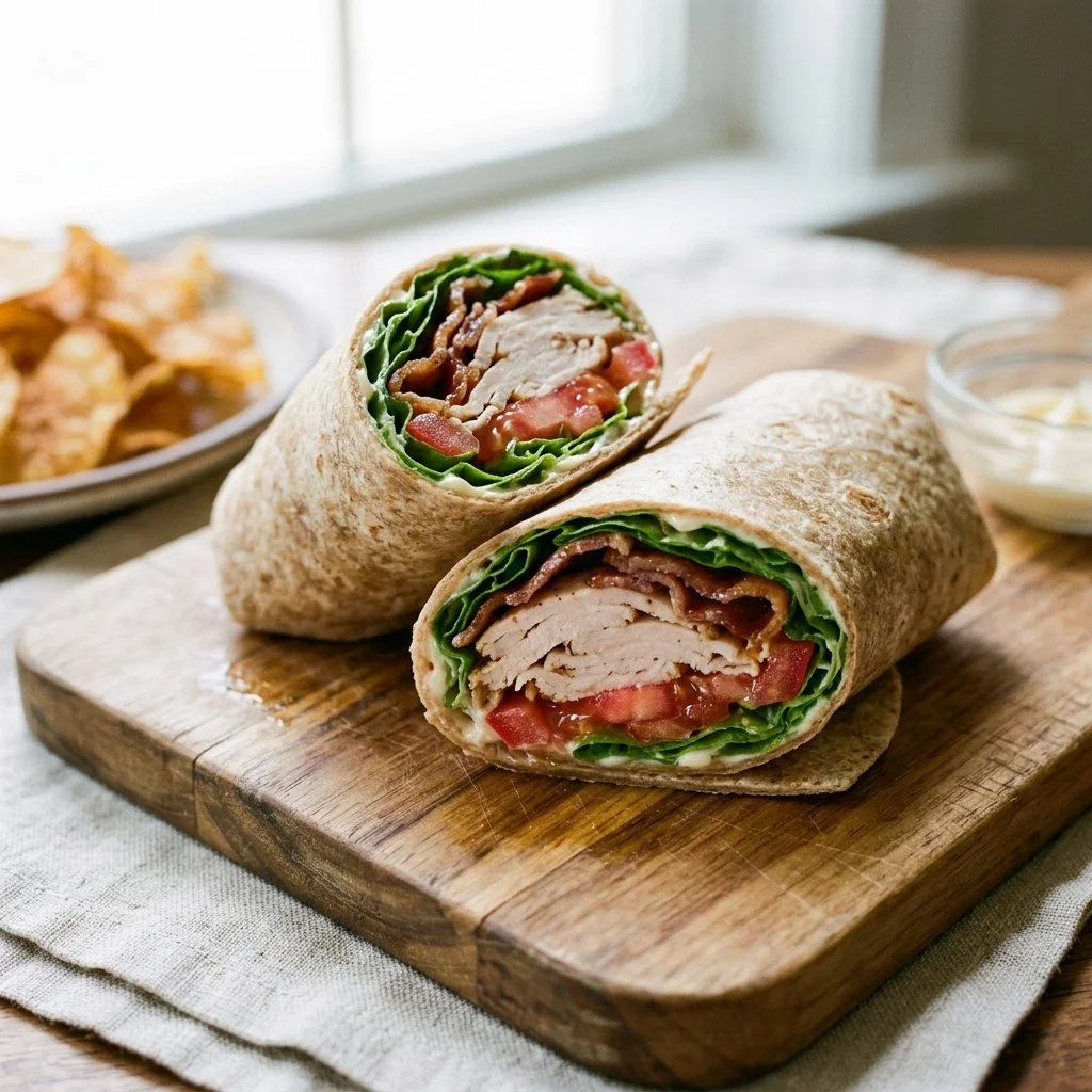 A tasty Turkey Club Wrap filled with turkey, lettuce, tomato, and wrapped in a tortilla.