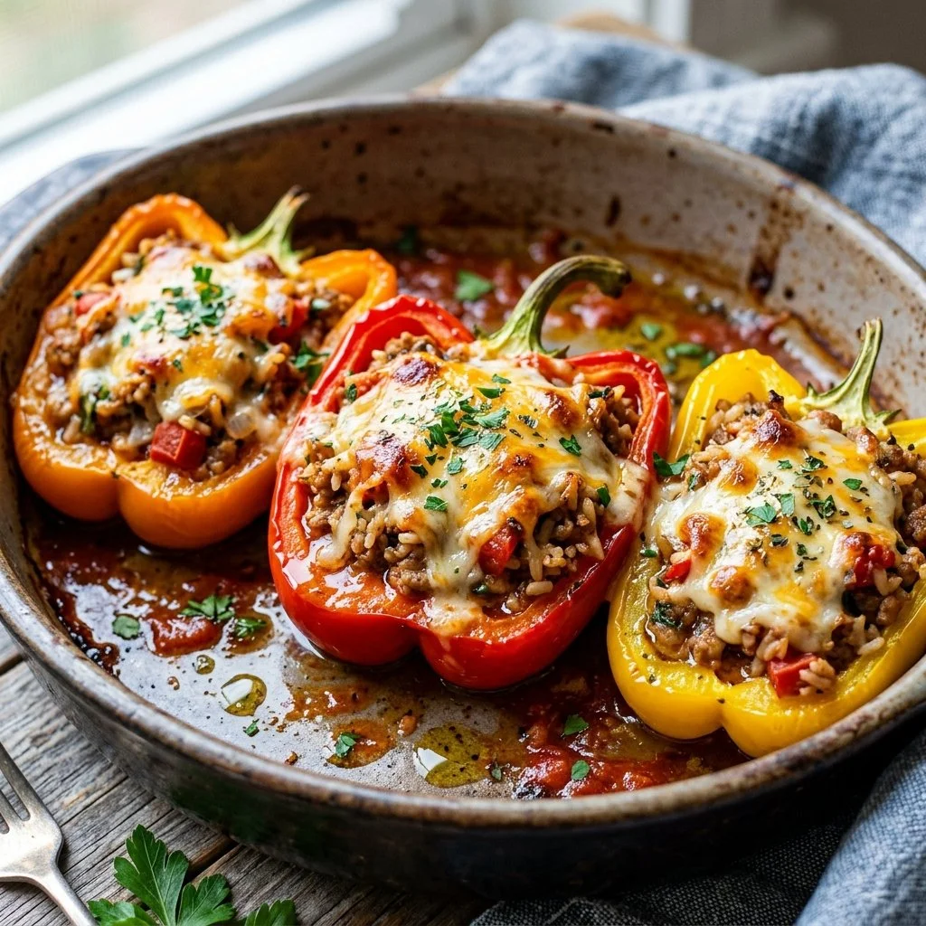 Turkey stuffed peppers fresh out of the oven, topped with herbs and spices.