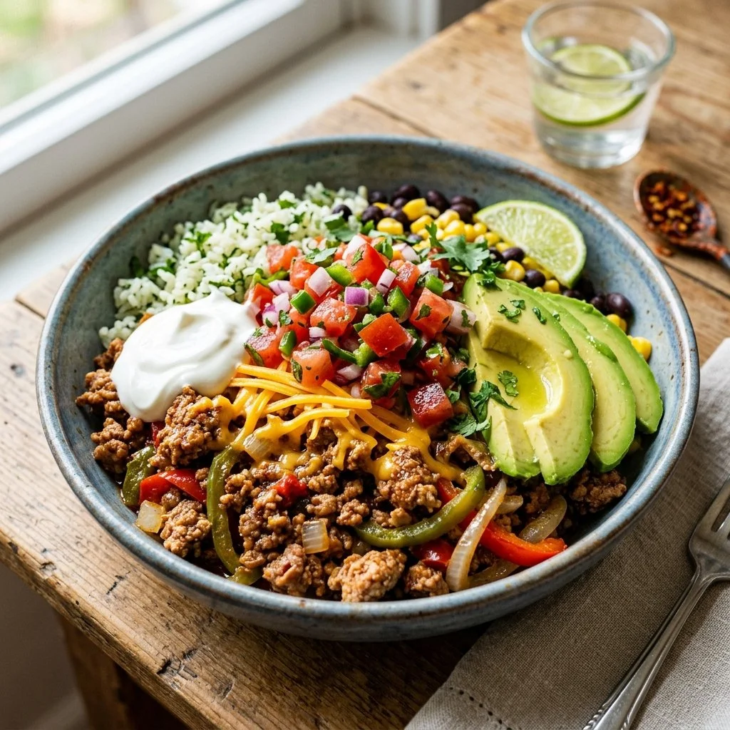Colorful Turkey Taco Bowls with toppings like lettuce, salsa, and avocado