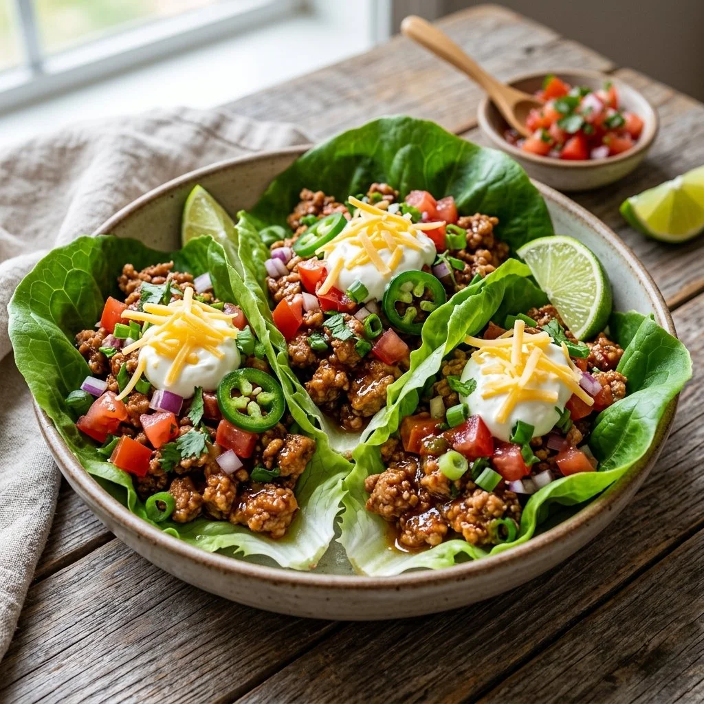 Turkey Taco Lettuce Wraps with fresh toppings on a plate
