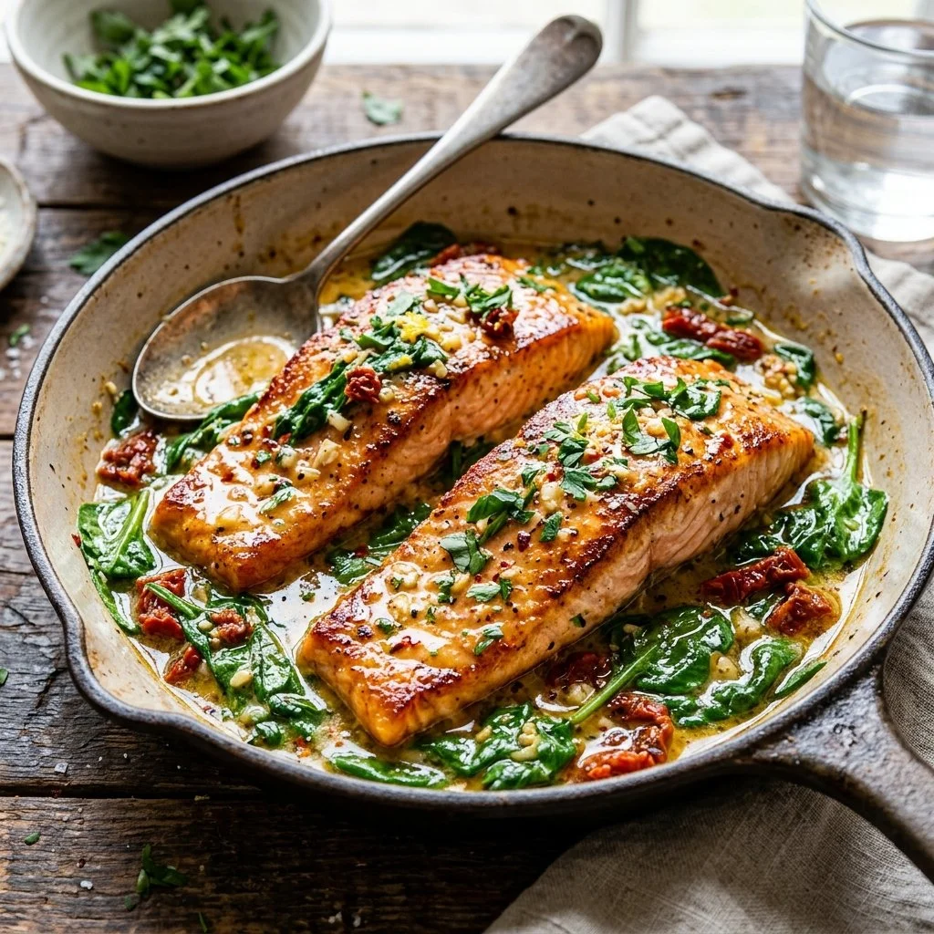 Delicious Tuscan Butter Salmon dish garnished with herbs and served with vegetables