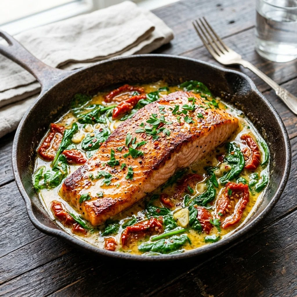 Delicious Tuscan Butter Salmon served with fresh herbs and vibrant vegetables