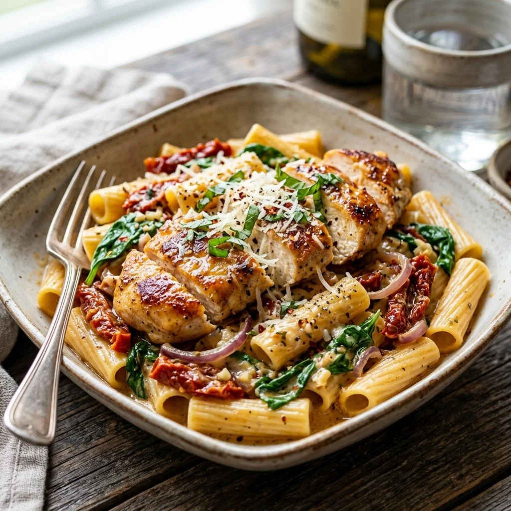 Delicious Tuscan Chicken Pasta with spinach and sun-dried tomatoes in creamy sauce.