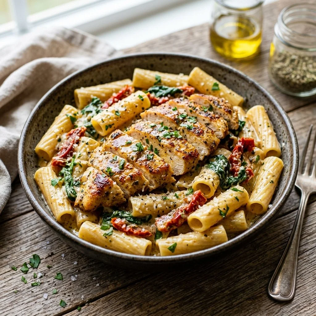 Delicious Tuscan Chicken Pasta with creamy sauce and fresh vegetables
