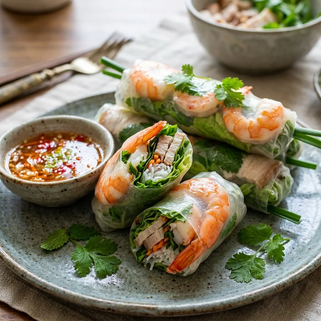 A plate of fresh Vietnamese Spring Rolls with dipping sauce on a wooden table.