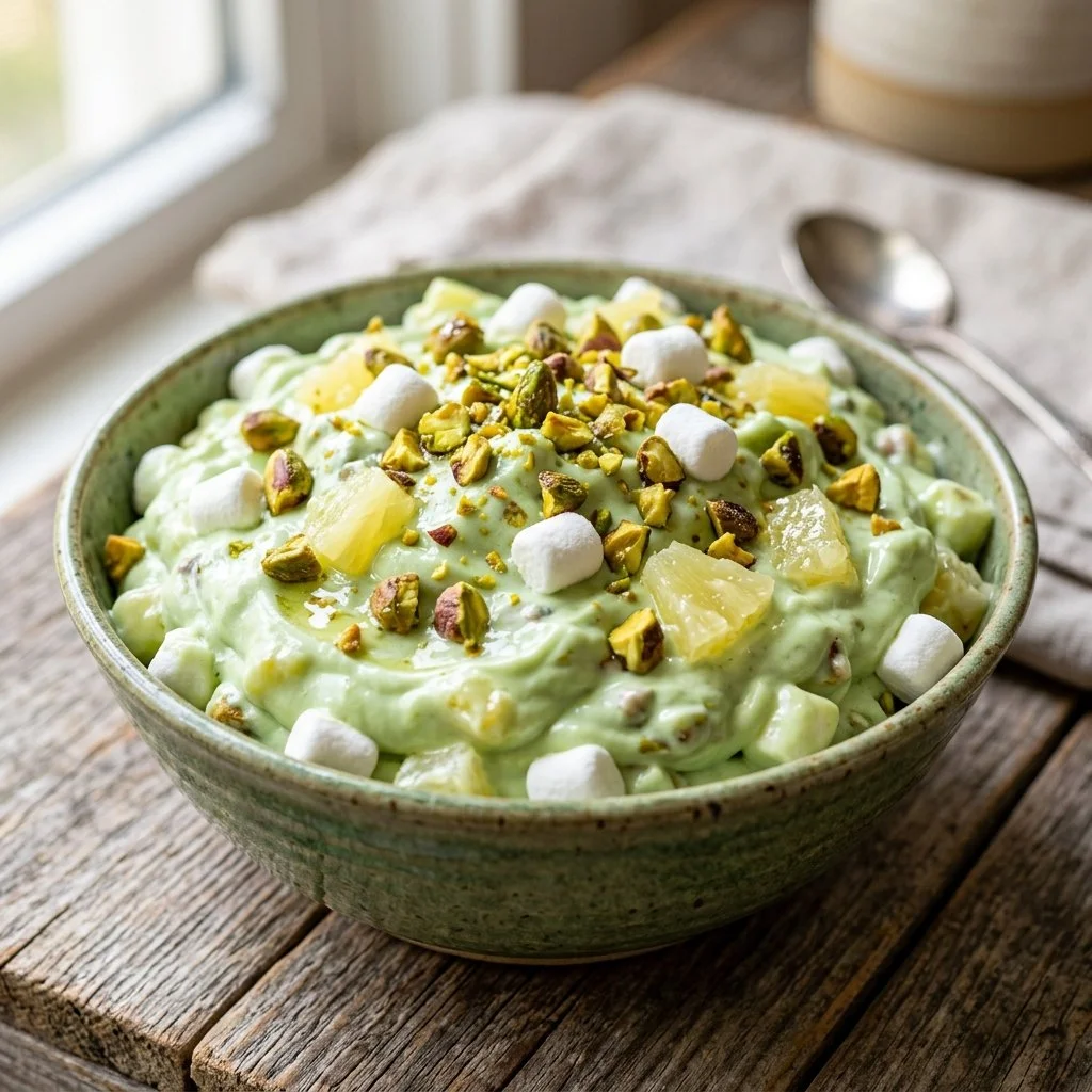 Bowl of Watergate Salad with marshmallows and pineapple, a classic dessert.