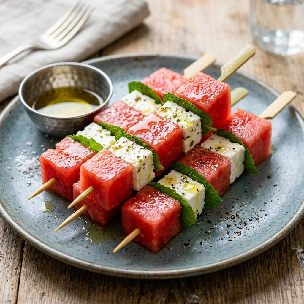 Watermelon feta mint skewers served on a platter for a refreshing summer snack