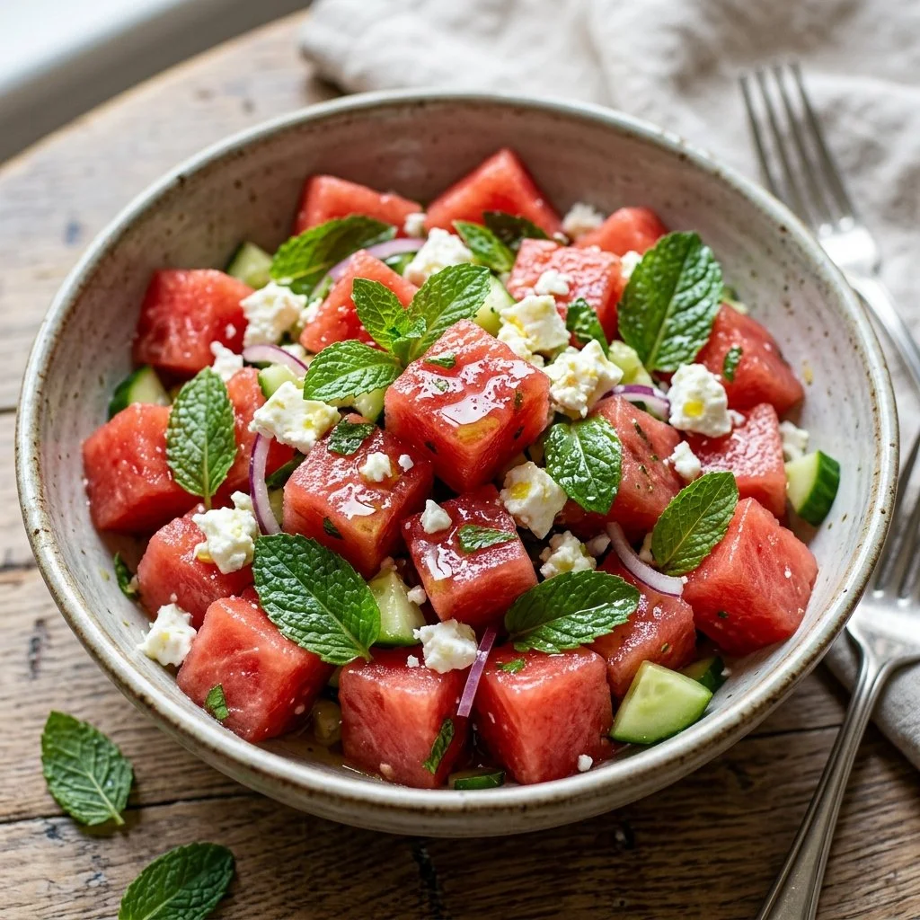 A vibrant Watermelon Feta Salad with mint, served in a bowl.