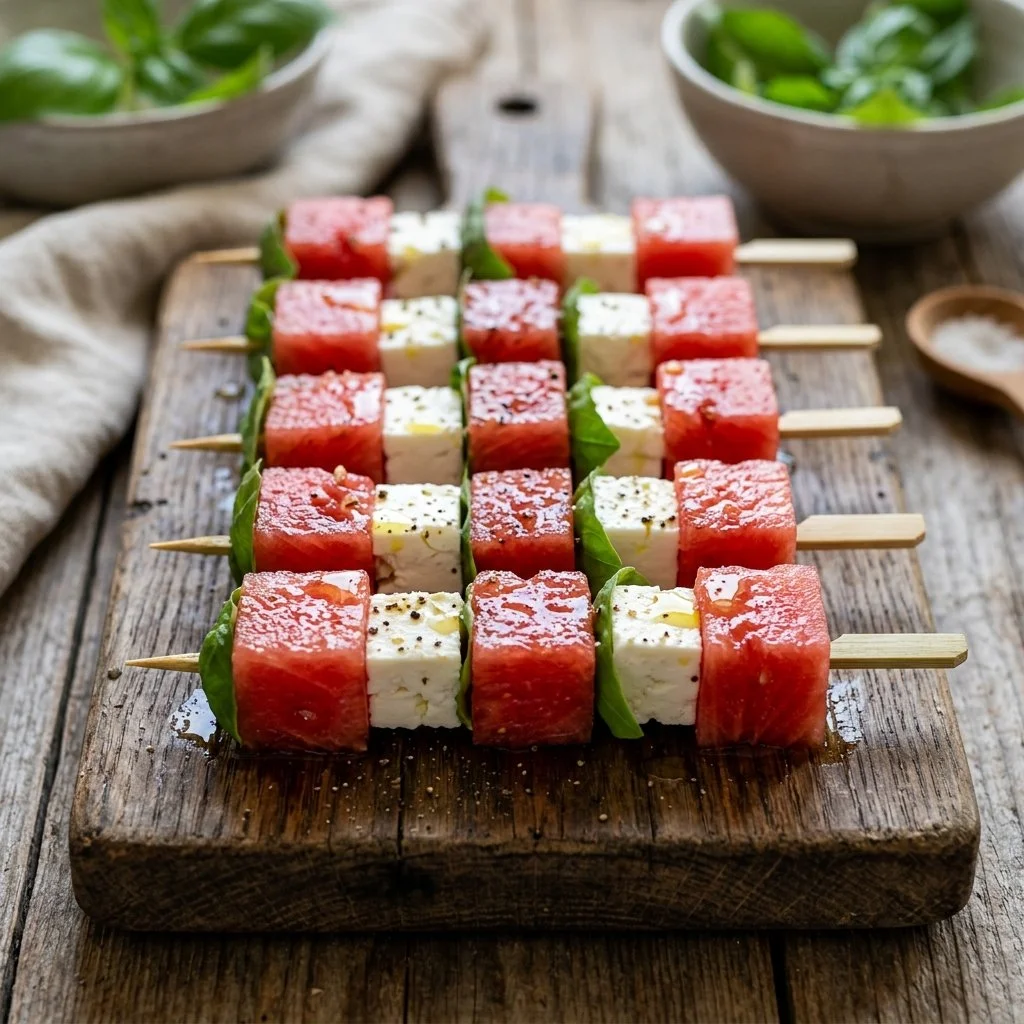 Watermelon feta skewers with fresh herbs on a plate