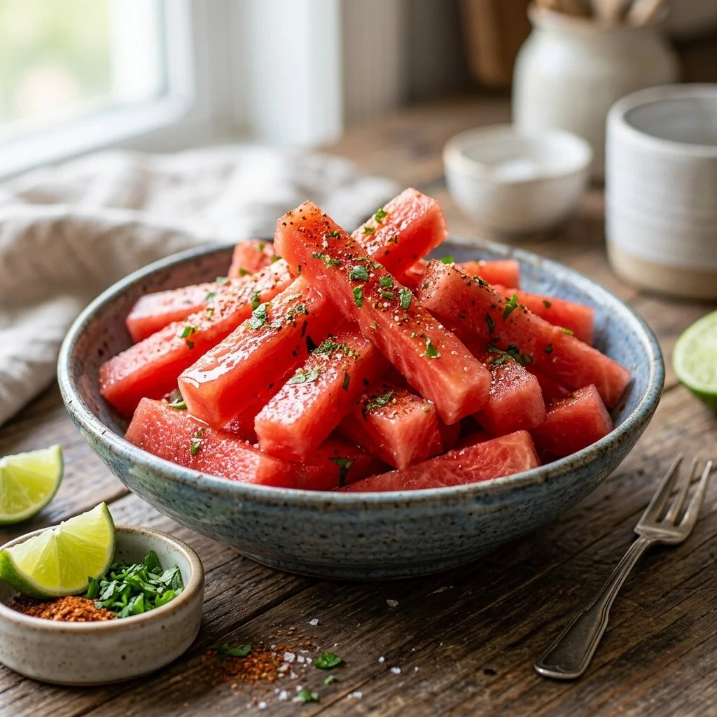 Healthy and refreshing watermelon fries served in a bowl