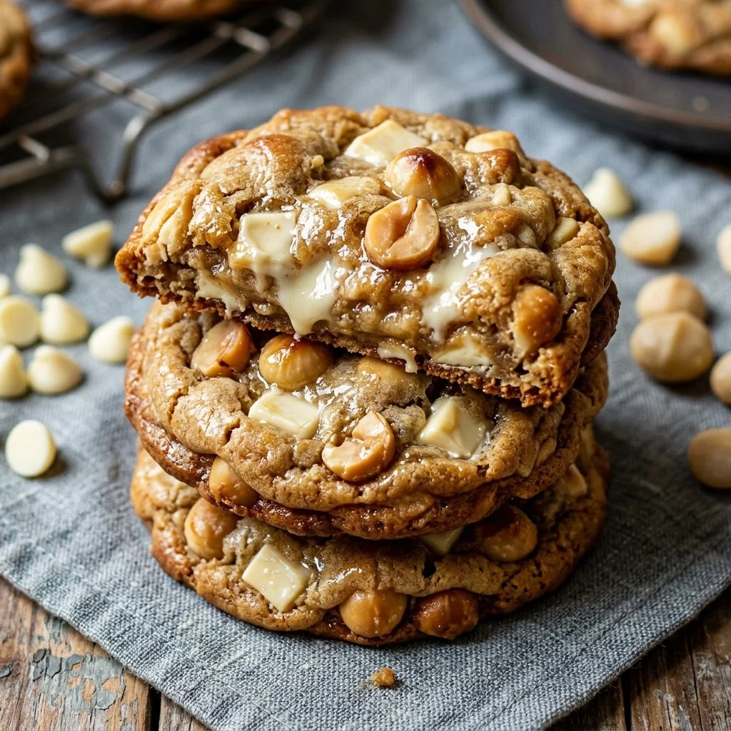 Freshly baked white chocolate macadamia cookies on a plate