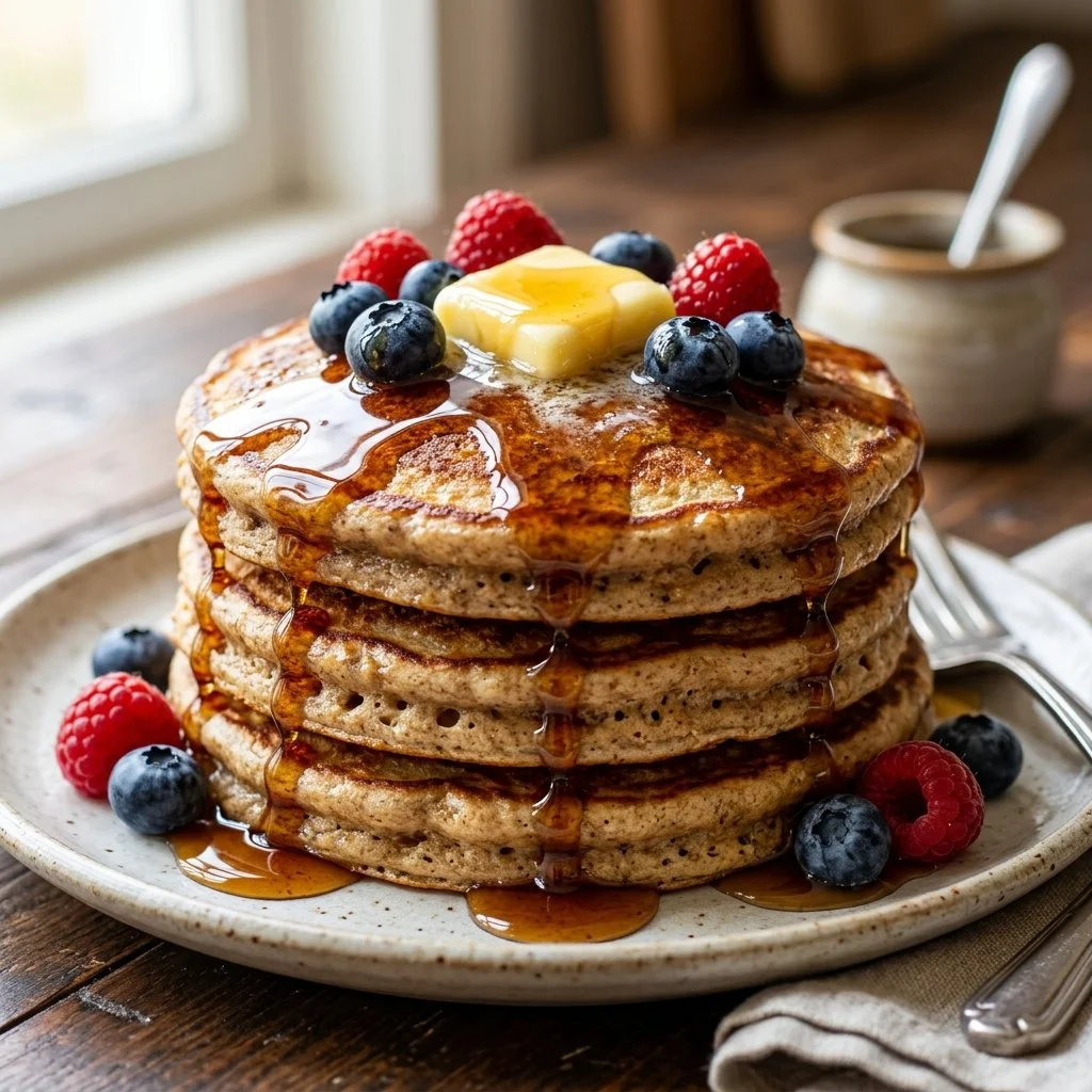 Stack of fluffy whole wheat pancakes with syrup and fresh berries