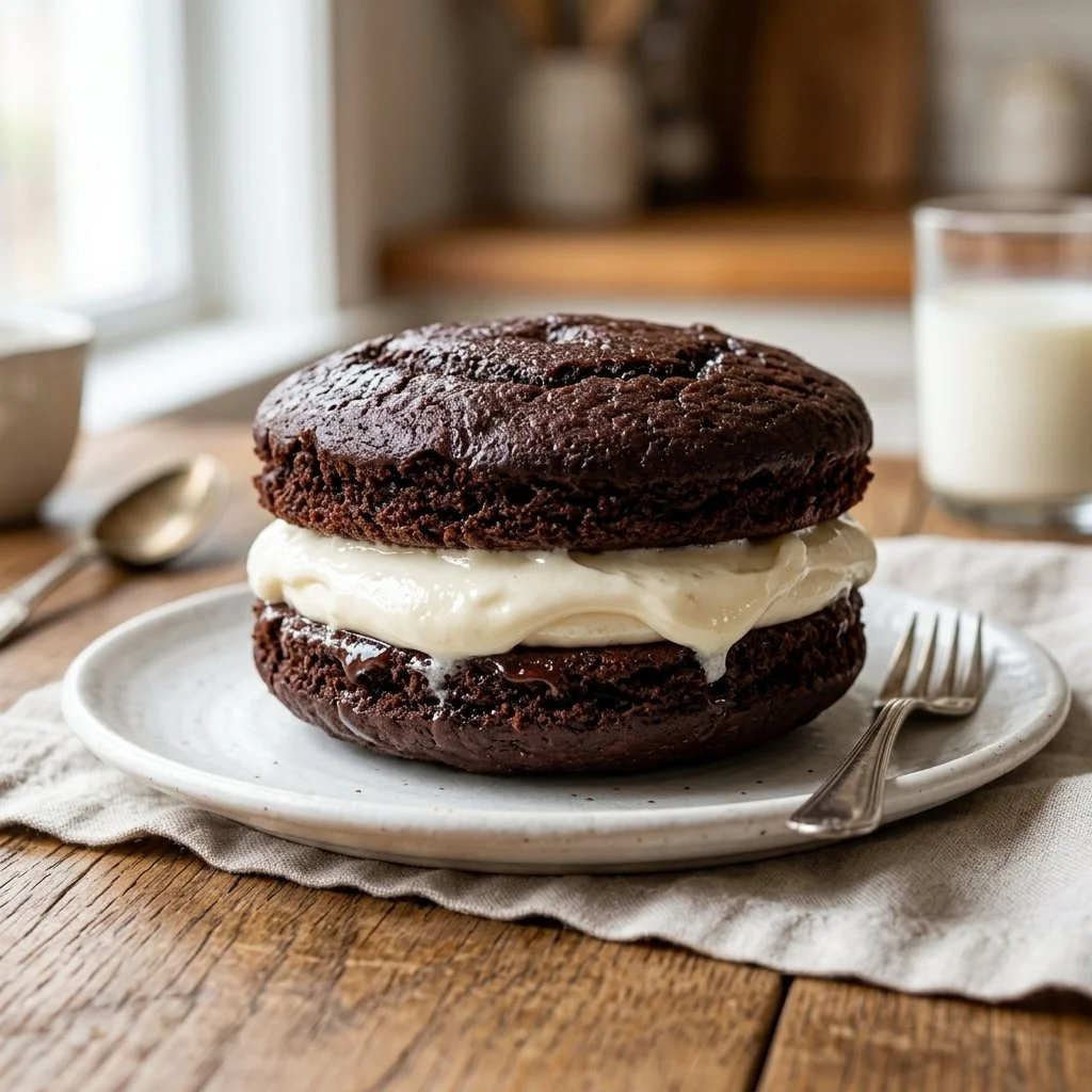 Delicious homemade whoopie pies stacked on a plate.