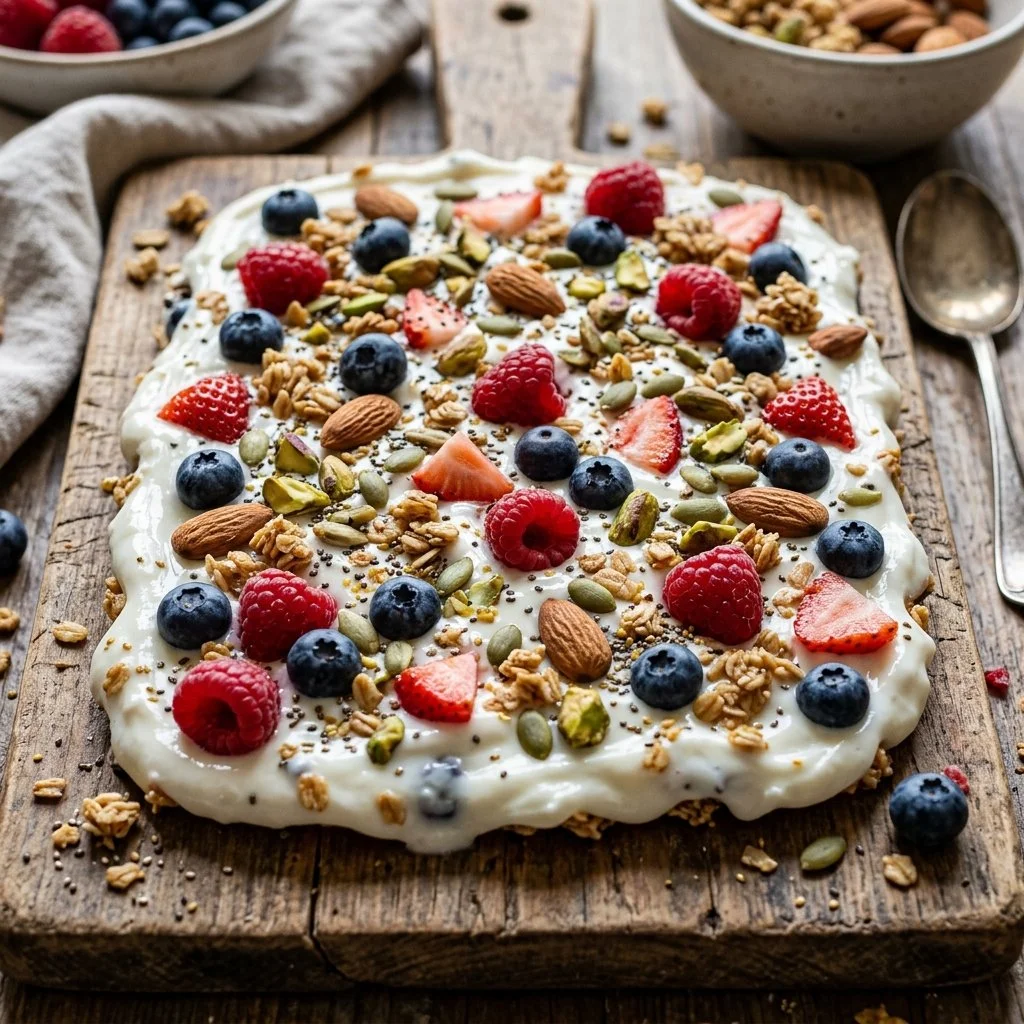 Colorful and healthy yogurt bark with fruits and nuts for a nutritious breakfast.