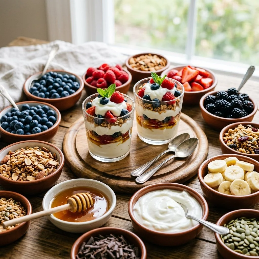 Custom yogurt parfait with fresh fruits and granola at a Yogurt Parfait Bar