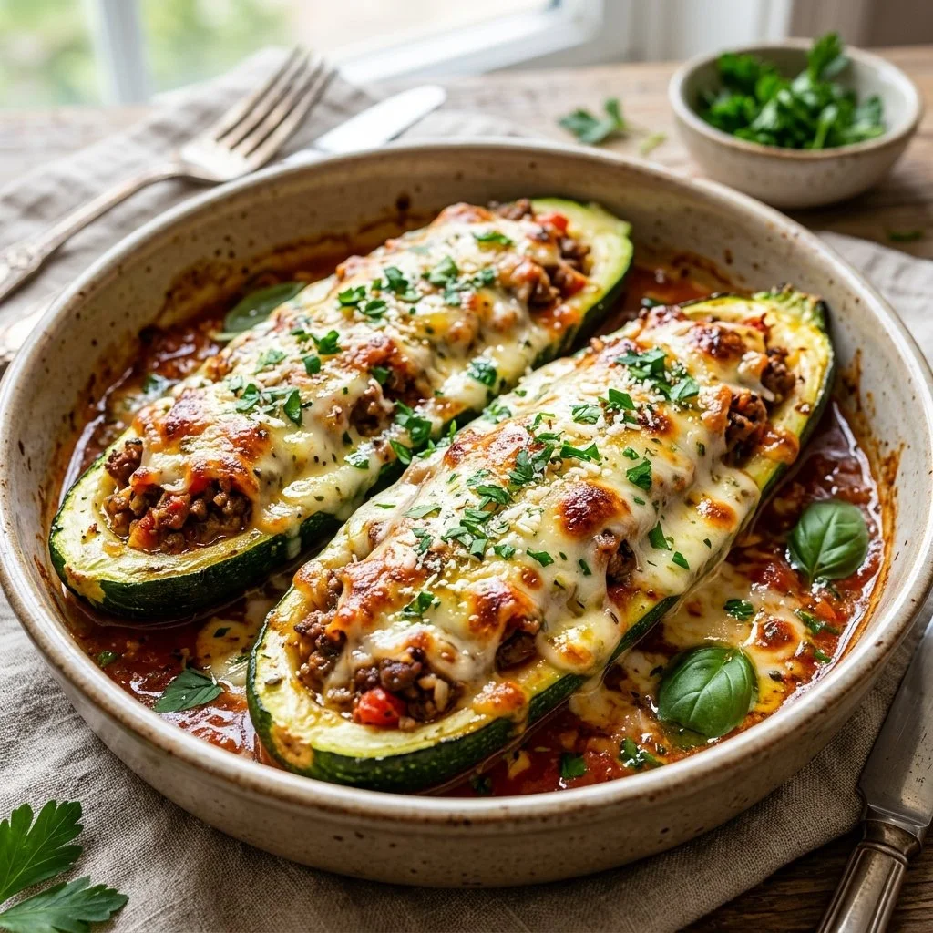 Delicious baked zucchini boats filled with vegetables and cheese