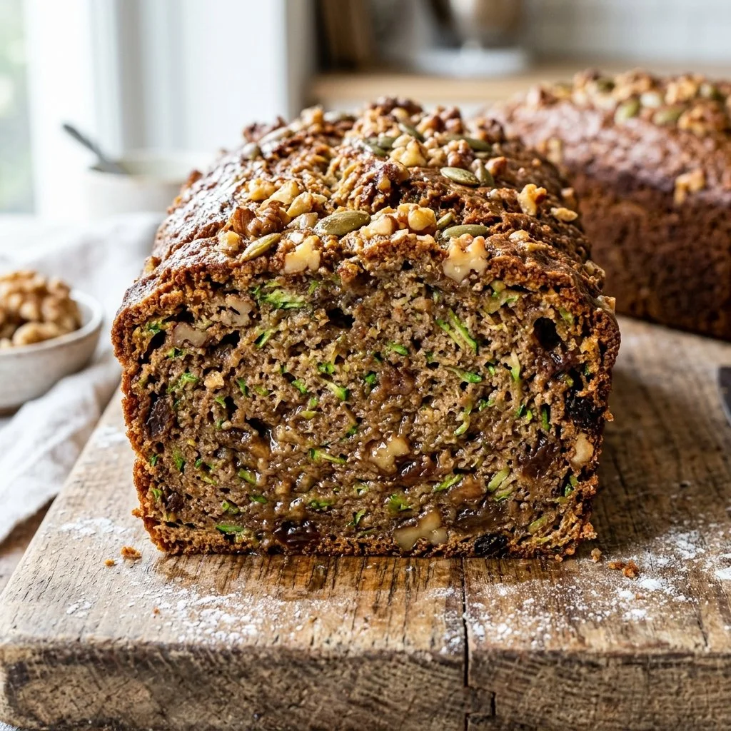 Homemade zucchini bread loaf with slices on a wooden table