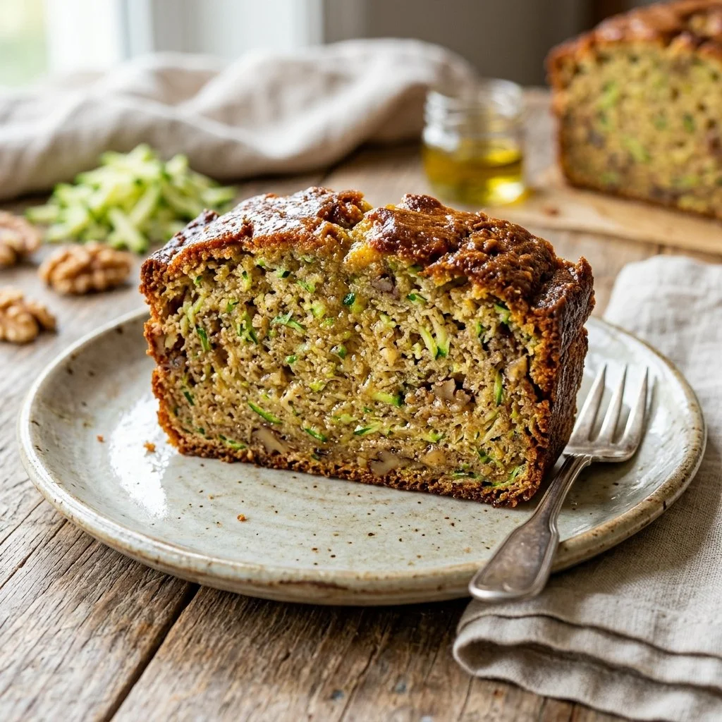 Homemade zucchini bread with slices on a wooden table