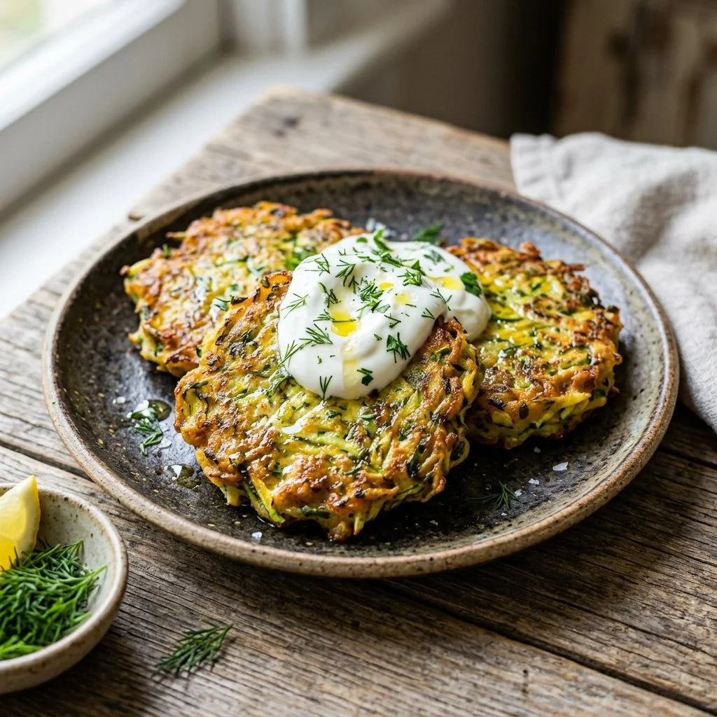 Crispy zucchini fritters served on a plate with a dipping sauce