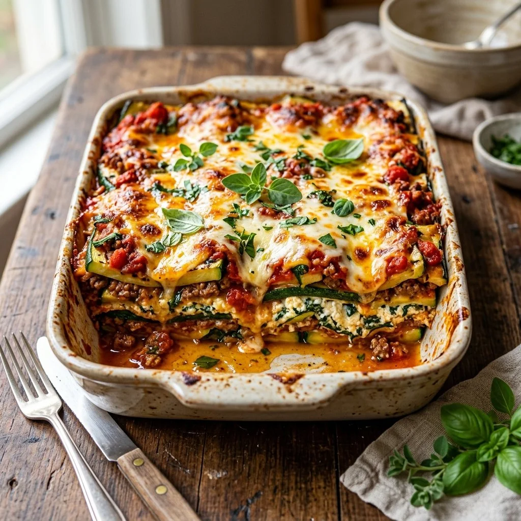 Delicious Zucchini Lasagna served on a plate, showcasing layers and textures.
