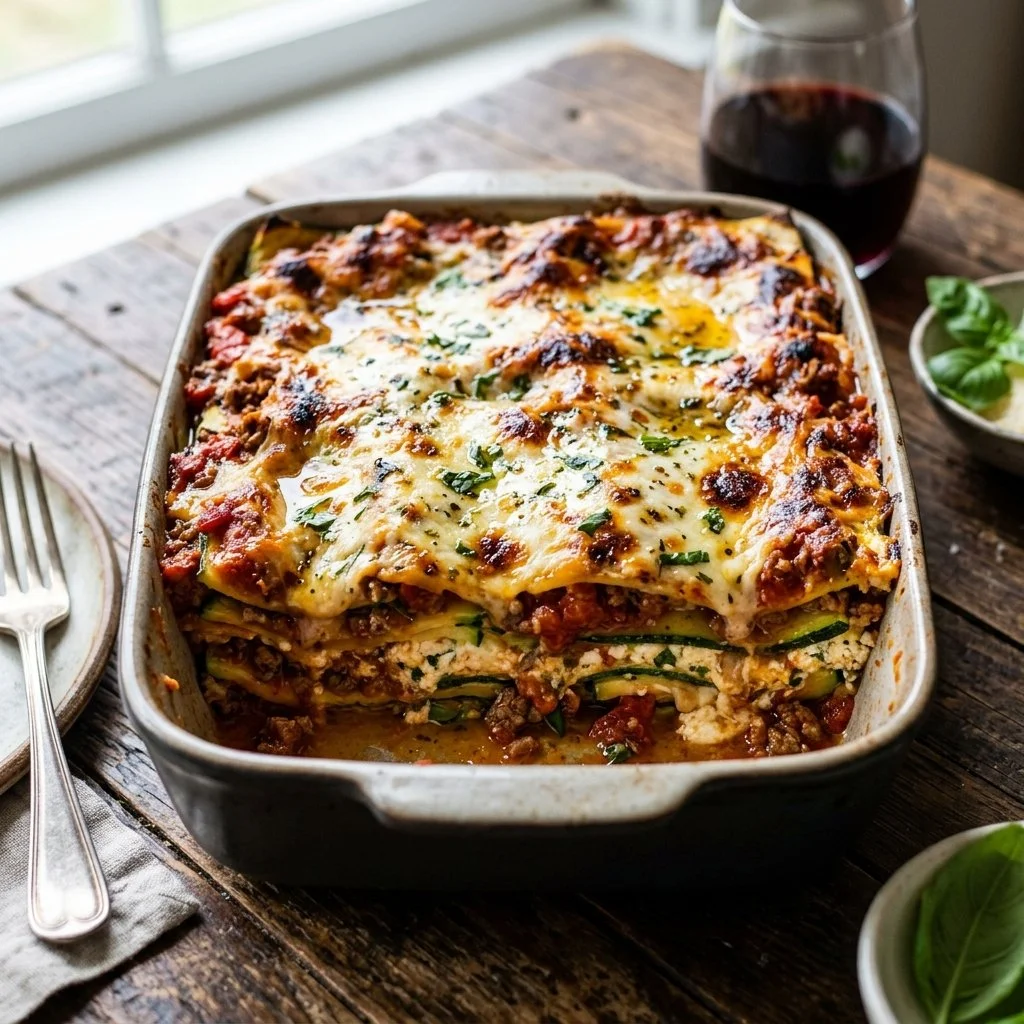 Healthy Zucchini Lasagna loaded with cheese and vegetables