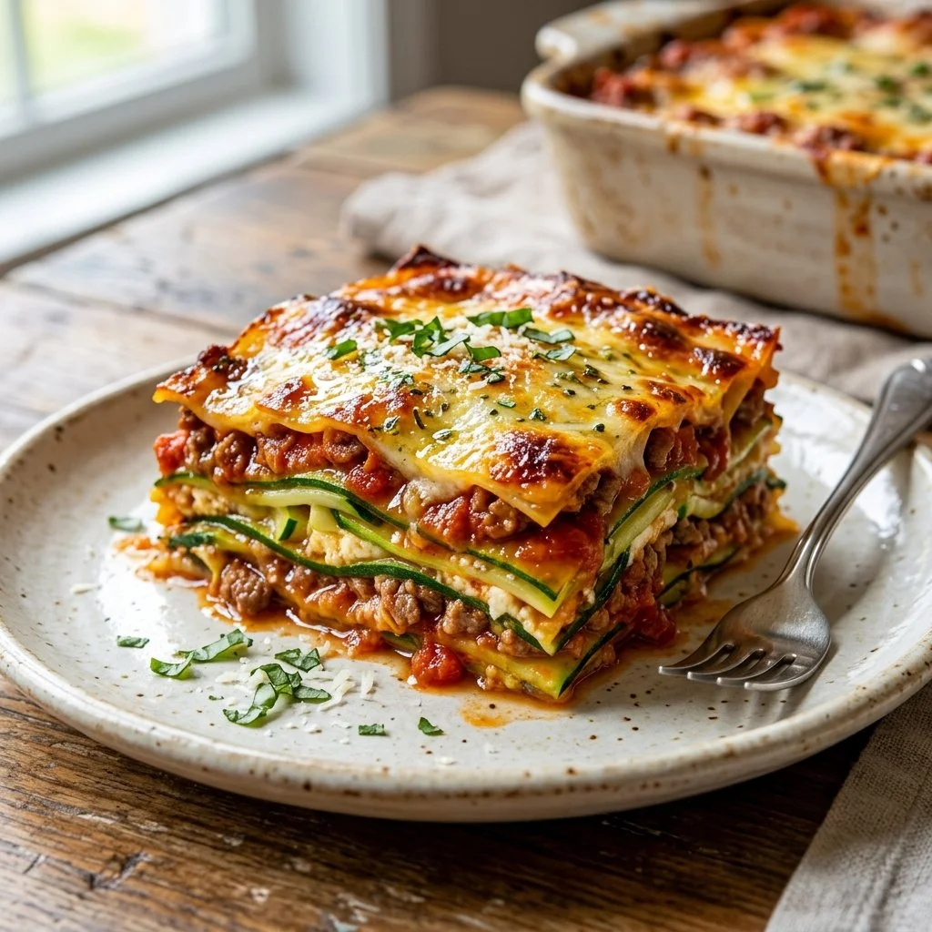 Zucchini noodle lasagna recipe with layers of cheese and marinara sauce